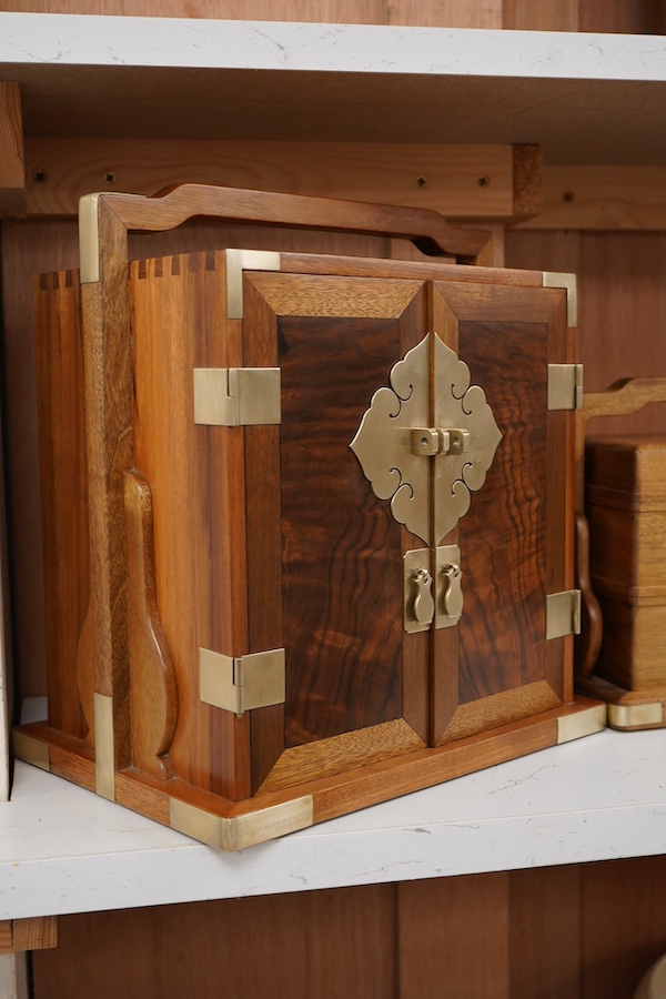 A Chinese three sectioned incense case, a two door fitted cabinet- 29cm high and a sliding topped box